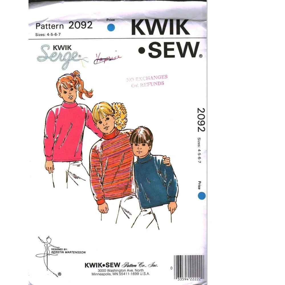 Kwik Sew 2092 Childrens Shirt Pattern Mock Regular Turtleneck Size 4-5-6-7 UNCUT